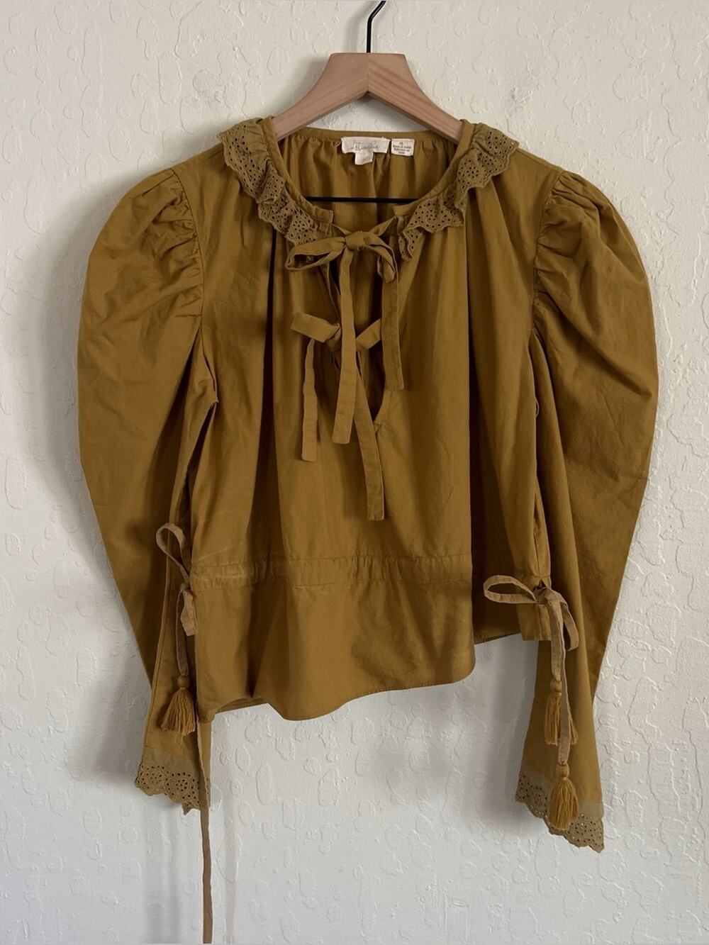 Anthropologie Let Me Be Lace Collar Puff Sleeve Tie Front Blouse Small Mustard